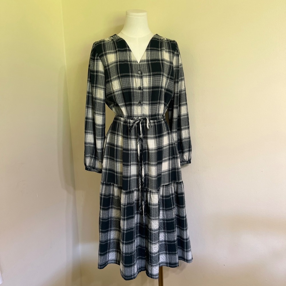 Knox Rose Black White Plaid Button Front Tiered Midi Dress Womens Small